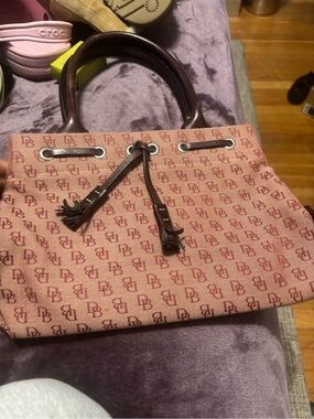 Dooney & Bourke Rose-Pink Logo Canvas Tote with Brown Trim